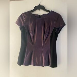 VAKKO mixed media metallic purple leather short sleeve top